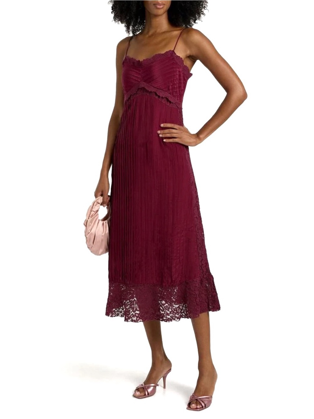 FARM Rio Burgundy Lace Trim Spaghetti Strap Pintuck Empire Waist Midi Dress